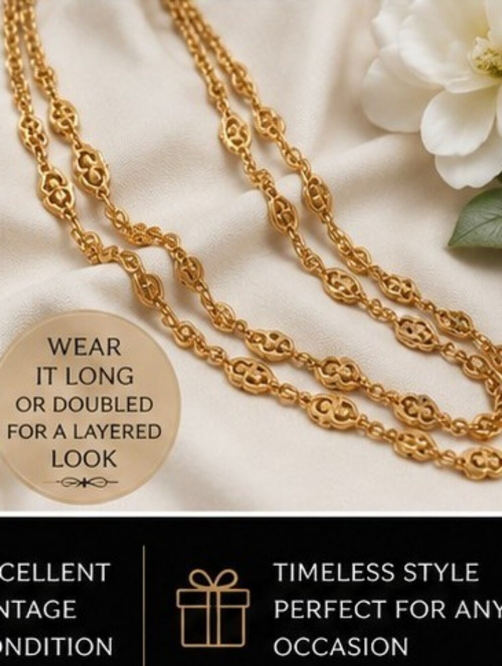 Vintage Crown Trifari Gold Tone Opera Length Necklace Heavy Scroll Link Chain - Picture 3 of 6